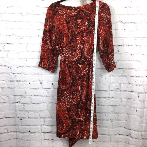 Talbots Petite Boat Neck Elbow Sleeve Burnt Orange Paisley Tie Midi Dress 12P - Picture 13 of 15